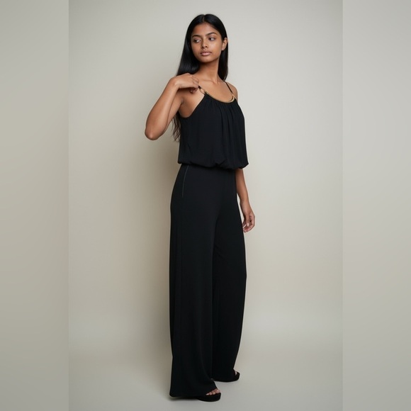 Emma & Michele Pants - Emma and Michelle, navy sleeveless jumpsuit elastic waste, gold necklace, large